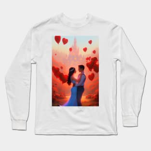 A beautiful couple with heart balloons and a fairytale castle Long Sleeve T-Shirt